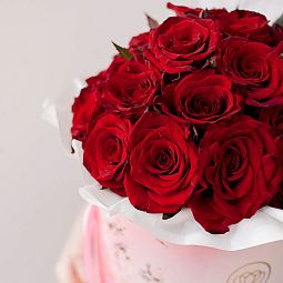 Букет в розовой шляпной коробке Amour Mini из 29 красных с темной каймой роз (Россия)