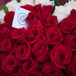 Букет сердце из 75 красных и белых роз в упаковке